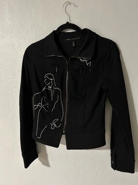 White House Black Market Black Zip-Front Jacket with White Line Drawing